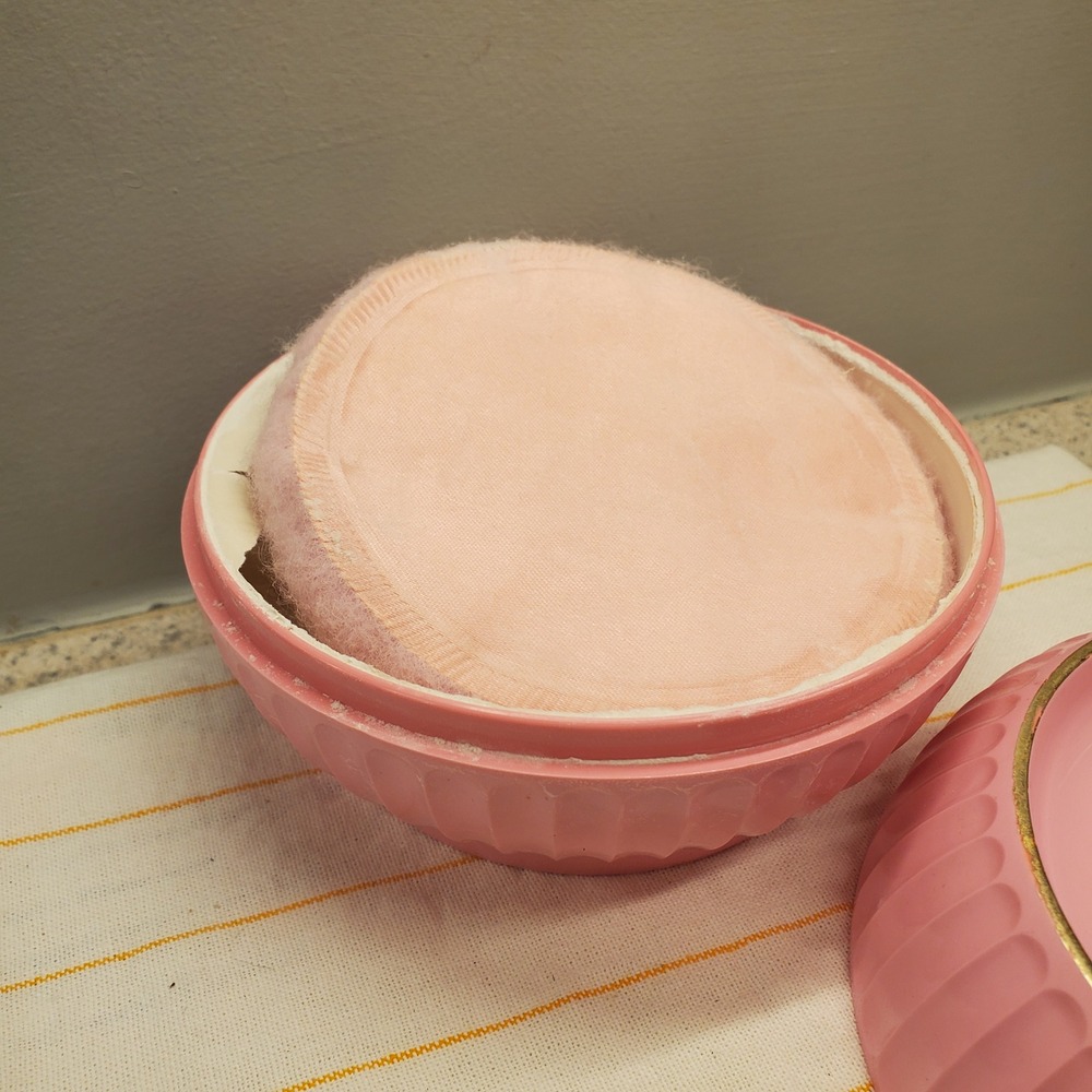 Vtg April Showers Dusting Powder Container Pink Plastic Fluted Vanity Jar Puff - Picture 2 of 8